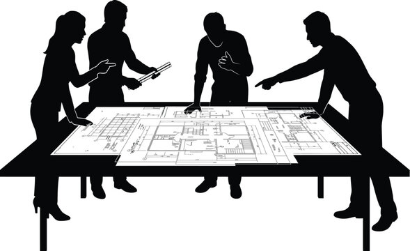 Architectural plan review silhouette against a white background