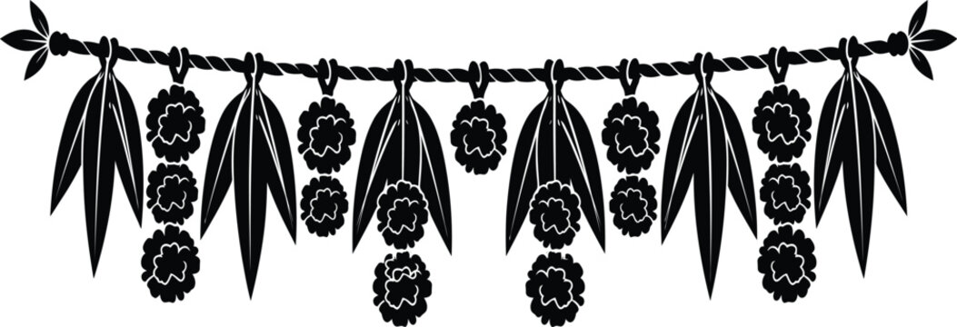 Mango leaf and floral toran silhouette on a white background