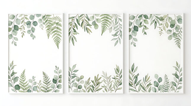 Three white frames with green watercolor foliage borders