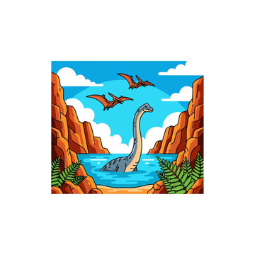 Cartoon illustration of a long neck dinosaur in the water with flying pterodactyls in a prehistoric landscape.