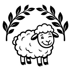 Happy sheep surrounded by leafy botanical wreath vector © AnilChandra