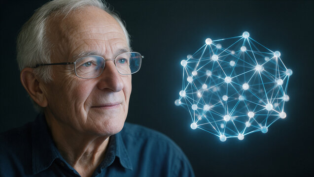 Senior scientist observing glowing neural network hologram. Artificial intelligence and advanced data visualization concept.