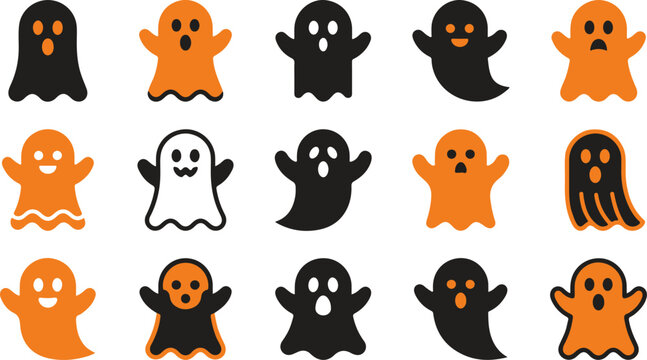Silhouette of cute ghost characters in orange and black on white background for Halloween