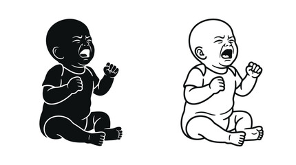 Crying baby silhouette and line art illustration on white background