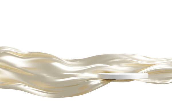 Luxury white podium cosmetic display product with flowing pearl silk fabric on transparent background 3D render