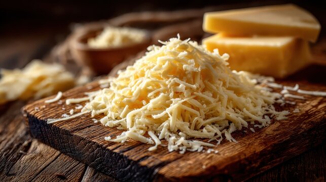 Freshly grated cheese on a rustic wooden cutting board with cheese blocks and shredded cheese pile