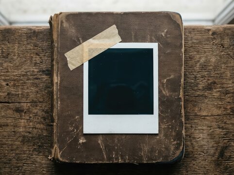An empty vintage instant photo frame taped onto the weathered leather cover of an old antique book on a wooden surface