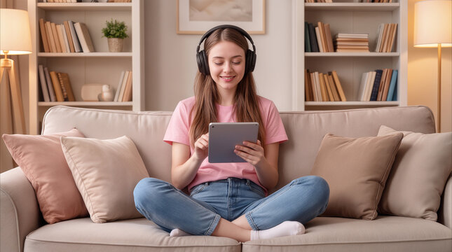 Cheerful student wearing wireless headphones and using tablet while sitting on sofa. Young woman enjoying digital entertainment or remote learning in cozy home library.