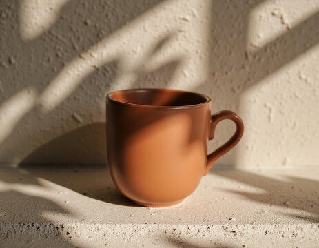 Blank Terracotta Brown Ceramic Coffee Mug Mockup Placed on Textured Concrete Surface in Warm Sunlight