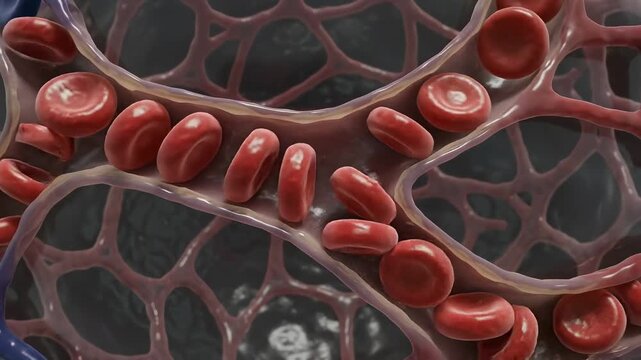 Red blood cells circulating through capillary network of lung alveolus
