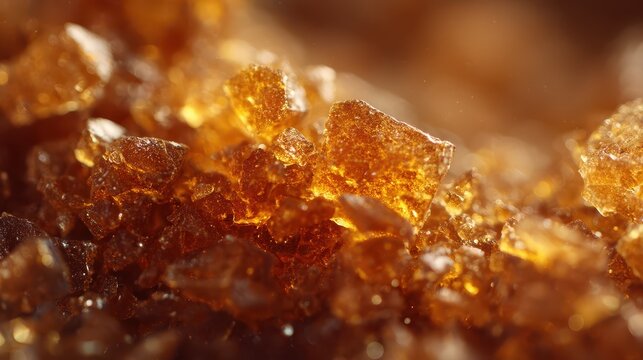 Close-up detailed view of golden brown sugar crystals with sugary texture and sparkling appearance