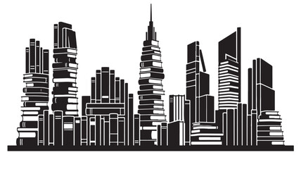 Obraz premium Skyscrapers Illustration with Books Forming Cityscape in Black and White Minimalist Style Featuring Urban, Architecture