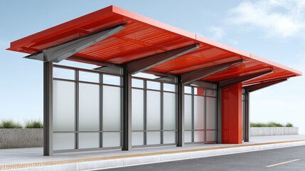 Fototapeta premium A contemporary bus stop shelter featuring a vibrant red roof and frosted glass panels, situated on a clean urban sidewalk for public transportation infrastructure.