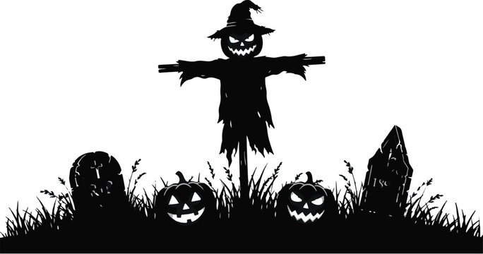 A spooky halloween silhouette featuring a creepy scarecrow standing in a field with carved jack o lantern pumpkins and dark tombstones isolated
