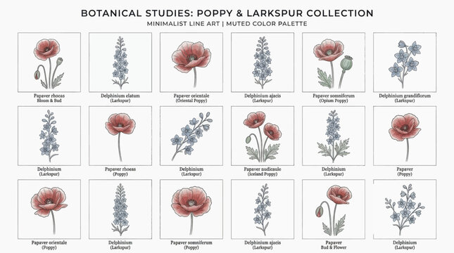 Botanical illustration collection of poppies and larkspurs in minimalist line art style with muted colors featuring various flower species on clean white background for design projects