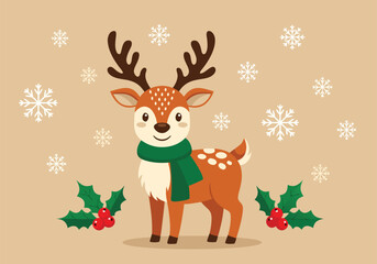 Cute reindeer wearing a green scarf standing in winter snowfall vector illustration design for Christmas holiday celebration front view. © Purnomo Semlirick