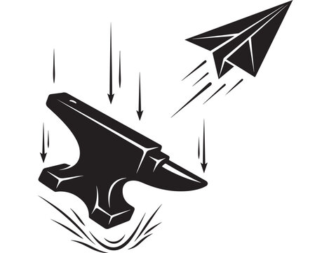 Anvil Hammer Striking Sparks with Paper Airplane Flying Away in Illustration Featuring Black, White, Vector with Design and Tool