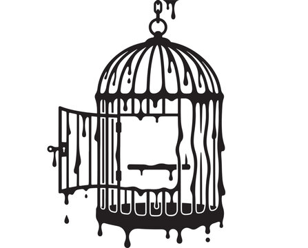Cage Icon with Melted Paint Drips and Dripping Bars, Minimal Black and White Graphic Symbol for Dystopia Concept