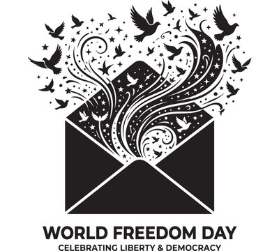 Envelope Icon with Birds and Stars, Swirling Freedom Ribbon, Celebrating Liberty and Democracy Concept