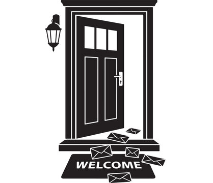 Door Icon with Welcome Sign, Envelopes and Lantern, Black Geometric Illustration for Hospitality Concept and Website Ui