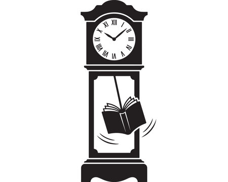Clock Icon with Open Book and Feather Quill Detail, Classic Timepiece Style for Study Reading Concept Design