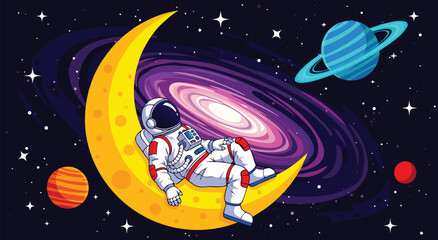 Pixel art illustration design featuring full shot of an astronaut resting on a crescent moon in a starry outer space galaxy environment. © Purnomo Semlirick