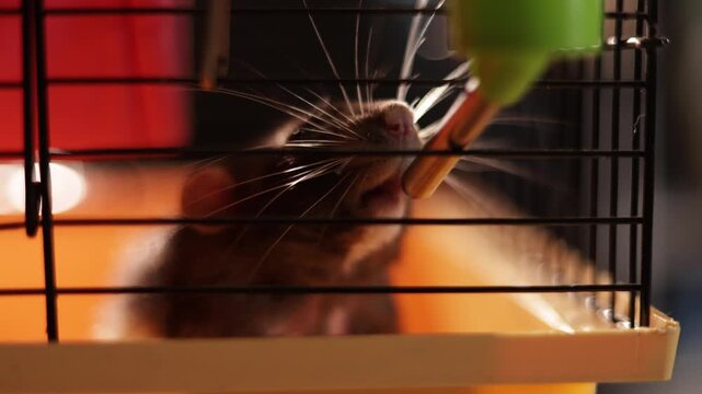 Close-up of a small rodent drinking water from a bottle in its cage