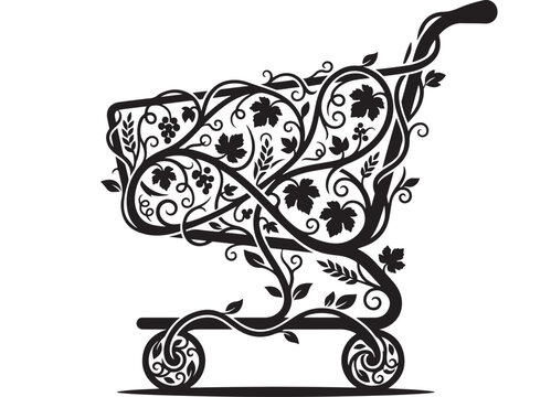 Ornamental Bird in Black and White Vintage Floral Filigree Design with Swirls, Leaves and Scrollwork on White Background