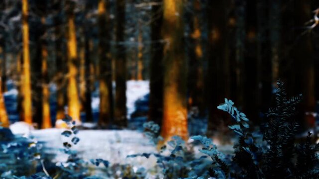 Several trees stand in a forest during winter. Snow covers the ground and a few plants are in the foreground. The scene shows the natural setting in the cold season.