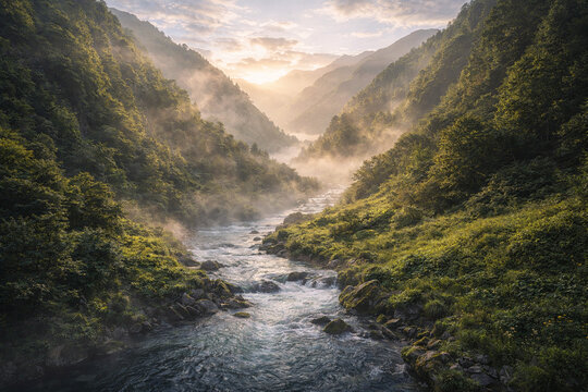 Sunbeams breaking through mountain peak over remote Himalayan valley village and turquoise river