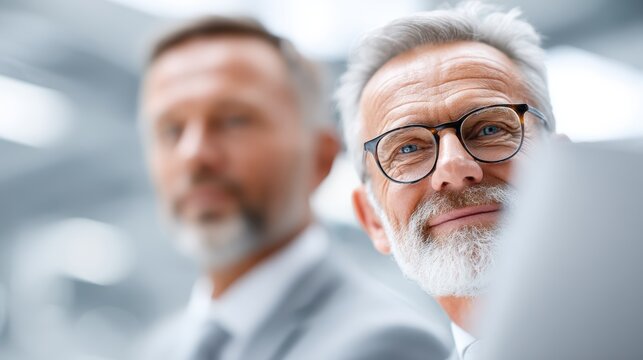 A professional senior businessman with a grey beard and glasses looking confidently at the camera in a modern corporate office environment.