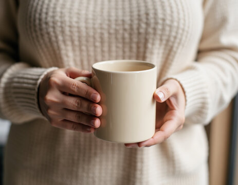 Close Up of Woman Hands Holding Blank Cream Ceramic Coffee Mug Wearing Cozy Beige Knit Sweater