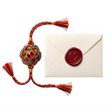 Decorative rakhi bracelet and a white envelope with a red wax seal for the raksha bandhan festival