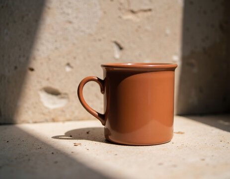 Blank Terracotta Brown Ceramic Mug Mockup Standing on Textured Concrete Surface in Sunlight Shadow