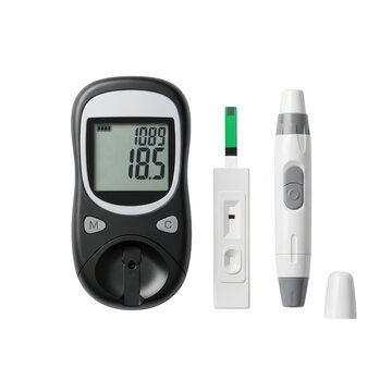 Digital blood glucose meter and lancing device for diabetes test isolated on transparent background