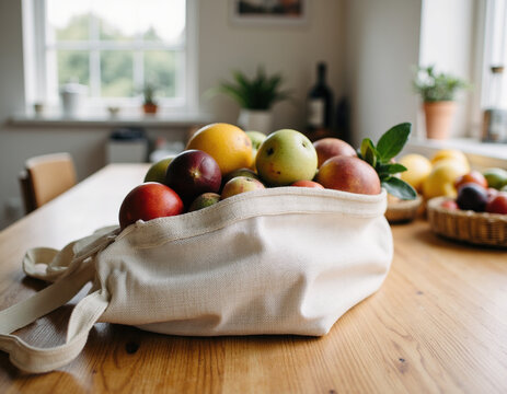 Reusable Cotton Canvas Grocery Tote Bag Filled with Fresh Organic Fruits Resting on Wooden Kitchen Table