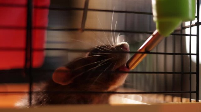Close-up of a small rodent drinking water from a bottle in its cage