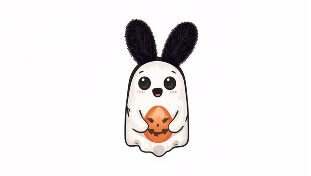 ふわふわの黒うさぎの耳のカチューシャを付け、カボチャ模様に塗られたタマゴを持つ可愛いゴースト