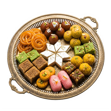 Assorted indian sweets on a decorative golden tray for diwali festival celebration