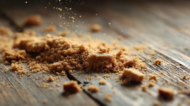 Crumbled Brown Sugar on Rustic Wooden Surface with Powder Falling and Texture Close-up for Baking and Cooking Concepts