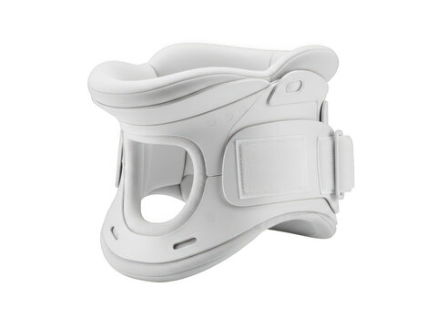White medical neck brace for cervical spine injury support isolated on transparent background