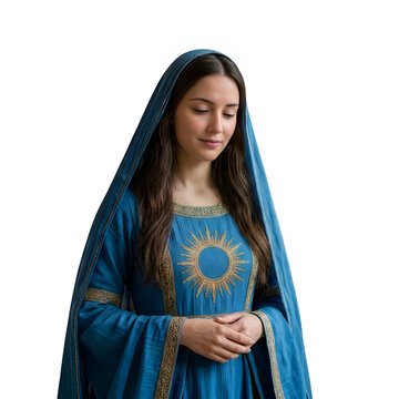 Young woman dressed as virgin mary wearing a blue headscarf and ornate embroidered dress
