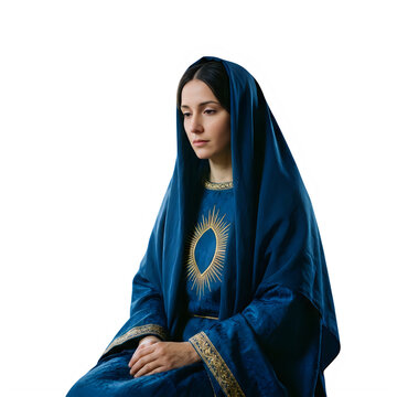 Young woman wearing a blue headscarf and traditional dress with gold embroidery details