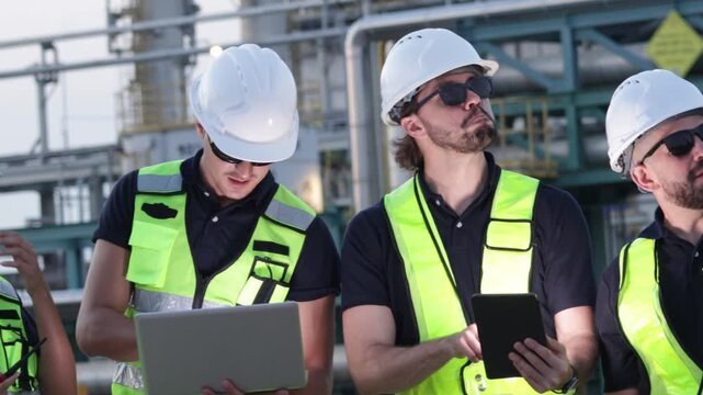 Team engineers gas separation plant petrochemical refinery reviewed engineering plans and structural engineering work pressurized pipelines in industrial energy plants ensuring safety standards.