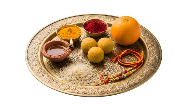 Traditional indian brass puja thali plate with laddu sweets diya lamp and rakhi for festival
