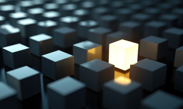 Abstract grey cubes with one glowing yellow cube.