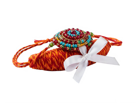 Decorative rakhi bracelet with colorful beads and white ribbon for raksha bandhan festival