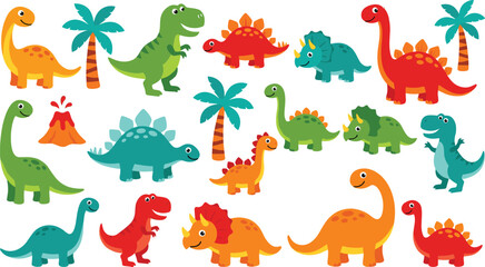 Cute Cartoon Dinosaur Vector Character Set Featuring Tyrannosaurus Rex Triceratops Stegosaurus Brachiosaurus and Palm Trees for Children Nursery Decor and Birthday Invitations © Hazara