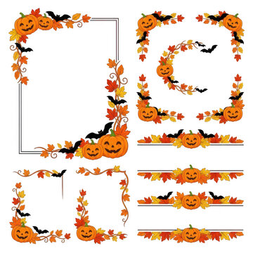 Halloween pumpkin and autumn leaf decorative frames and borders set