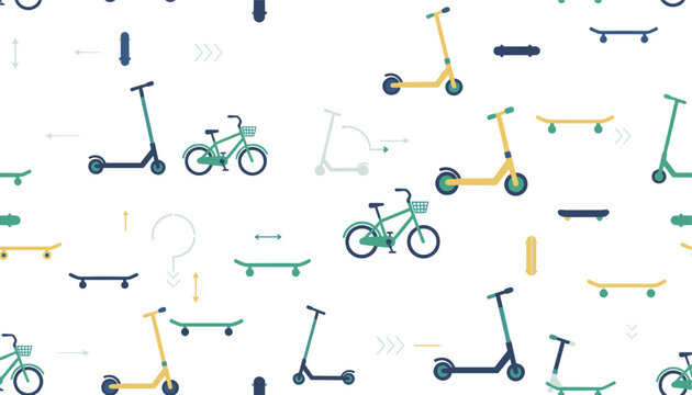 Urban eco transport seamless pattern features green bicycles, yellow kick scooters, and teal skateboards on white background.